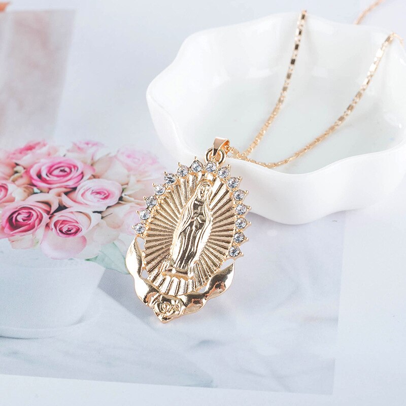 Holy Virgin Mary Pendant Necklace Religion Dainty Golden Christian Cubic image 1