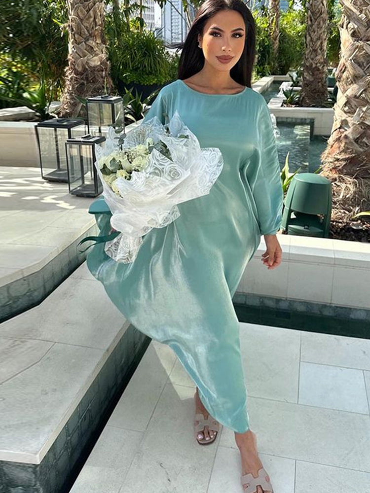 Fashion Glossy Gauze Muslim Kimono Abaya O-neck Maxi Robe Women 2024 Spring Sum image 3