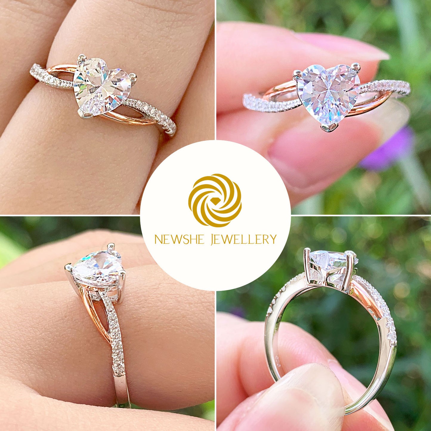 Newshe Two Tones 925 Silver Yellow Rose Gold Engagement Rings For Women image 5