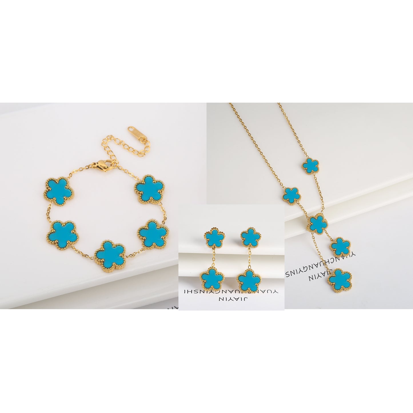 3Pcs 18k Gold-Plated Five-Leaf Flower Necklace Earrings Bracelet Jewelry Set Fo image 15