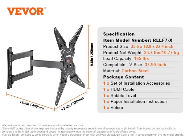VEVOR Full Motion TV Mount Fit for Most 26-90in TVs Swivel Tilt Horizontal Adju image 4