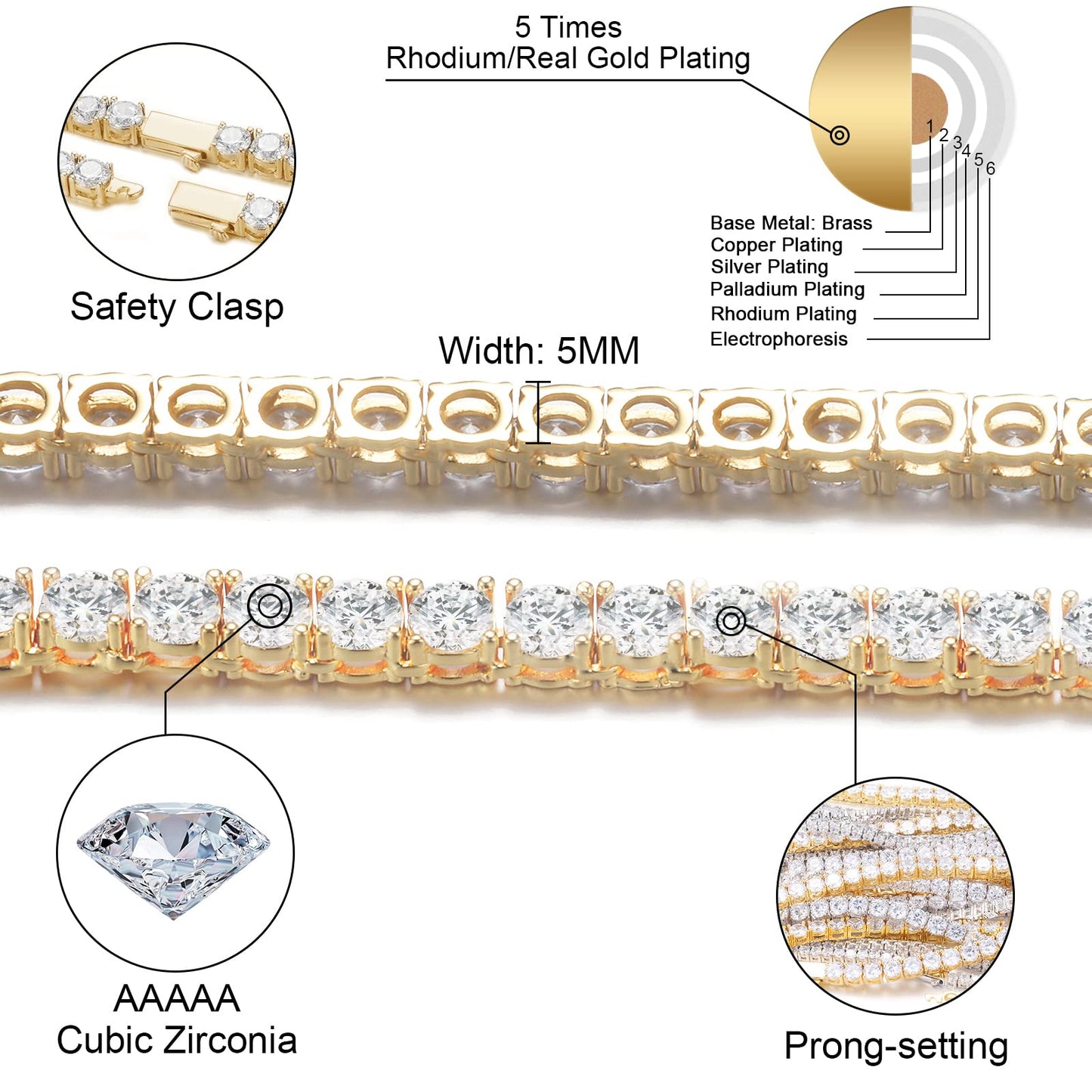Hip Hop 1 Row 4 Prong Tennis Chain AAA CZ Stone 3/4/5/6MM Bling Iced Out Gold P image 1