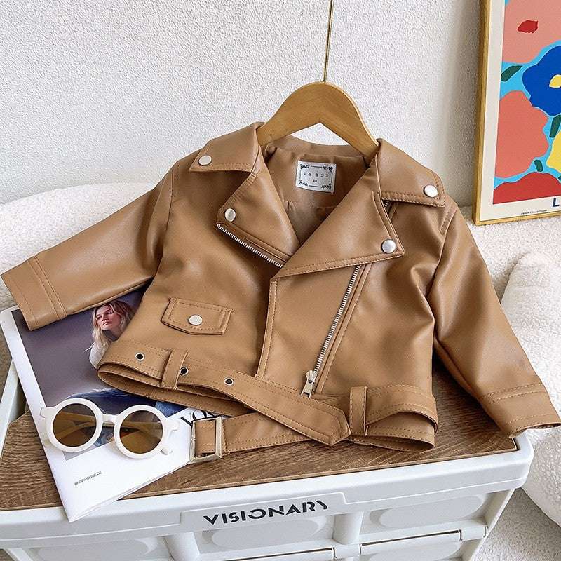 Autumn PU Leather Jackets Spring Kids Boys Girls Classics Handsome Lapel Zippe image 3