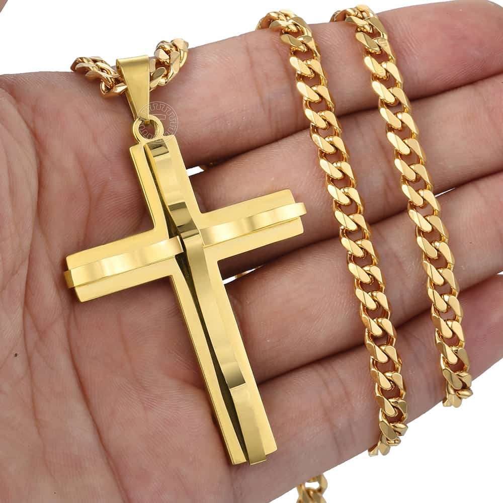 Punk Miami 2Pcs/Set Gold Color Big Cross Pendant Necklace for Men Women Stainle image 4
