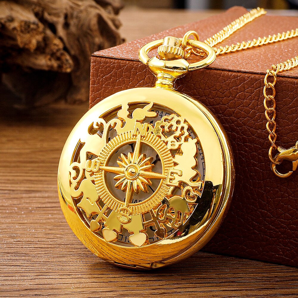 Antique Steampunk Vintage Arabic Numerals Quartz Pocket Watch Gold Case Necklac image 0