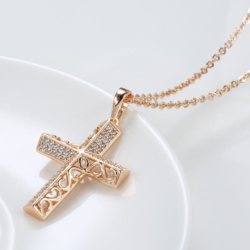SYOUJYO Trendy Luxury Cross Necklace 585 Rose Gold Color Crystal Jesus Cross image 3