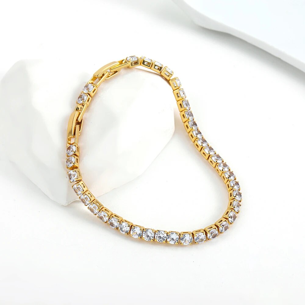 New AAA Cubic Zirconia Stone Tennis Bracelets Gold Color Stainless Steel Metal image 1