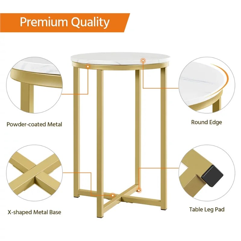 Wooden Top Round Faux Marble Side Table Sturdy Metal Legs Mustard Gold image 4