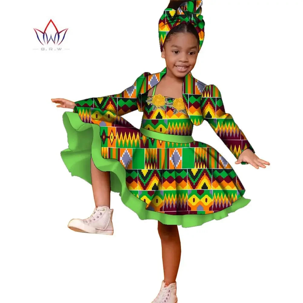 3pcs Set African Kids Gril Dashiki Dress Coat and Headtie Suits Africa Print Pa image 10