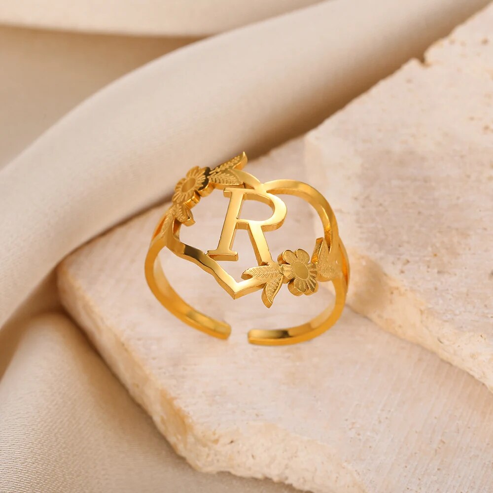 Stainless Steel Initials Flower Heart Rings Gold Color Adjustable Delicate Lett image 19
