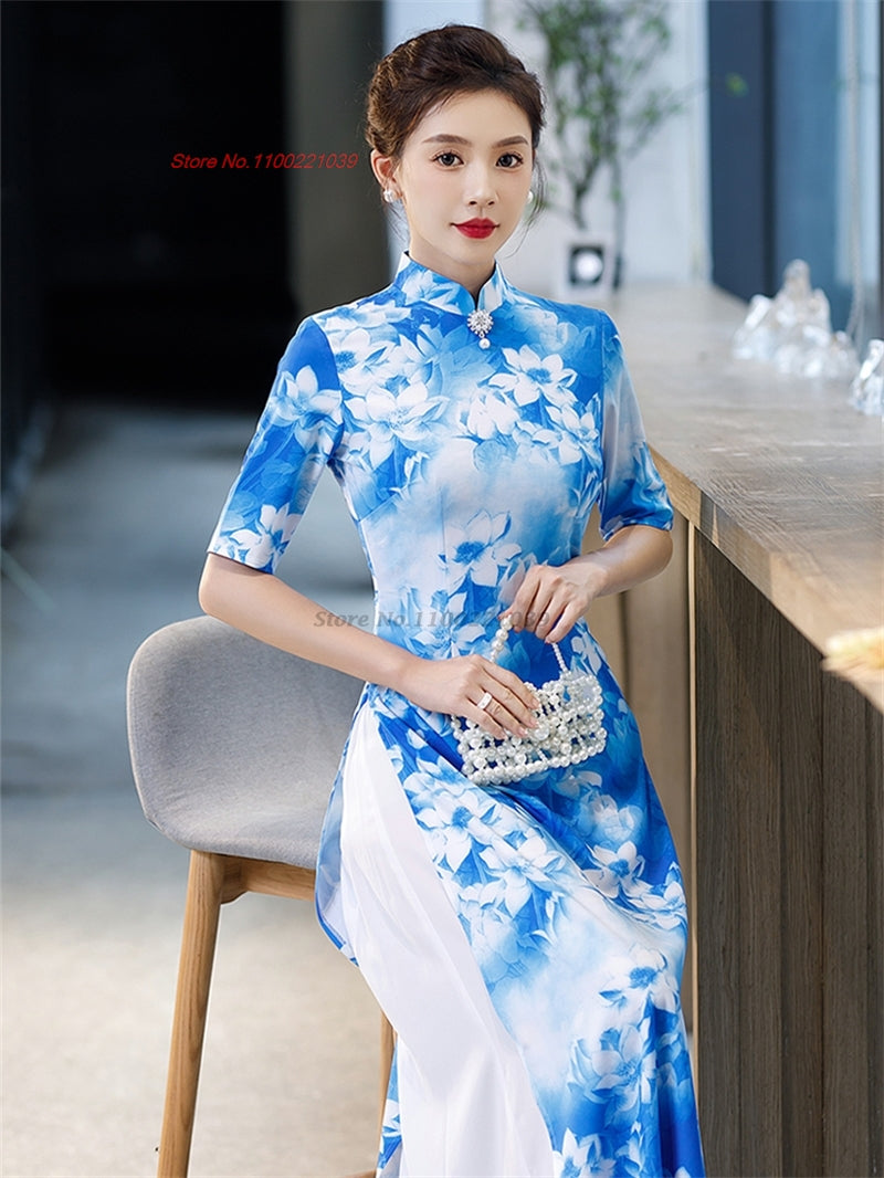 2024 chinese improved qipao dress vintage flower print vietnam ao dai dress ele image 4