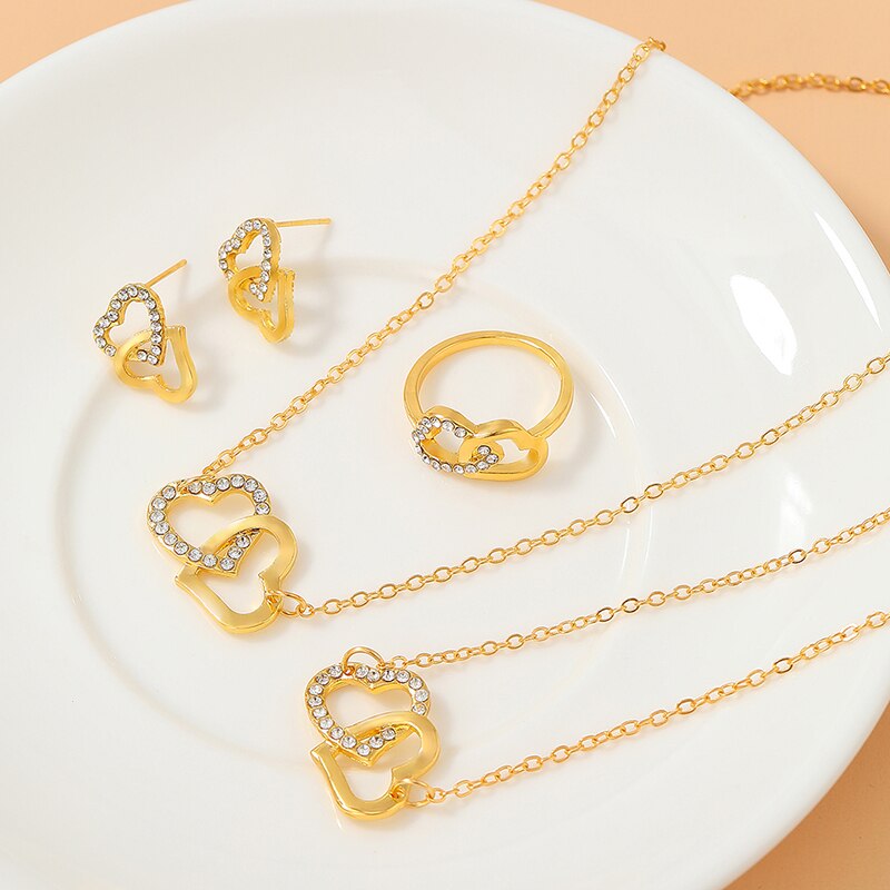 5PCS Set Gold-Color Heart Shaped Jewelry Sets Of Ring Earrings Necklace For Wom image 3