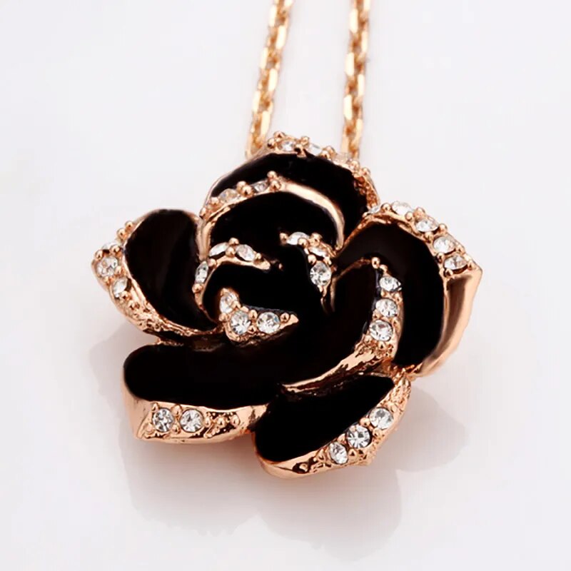 Fashion Rose Flower Enamel Jewelry Set Rose Gold Color Black Bridal Jewelry Set image 8