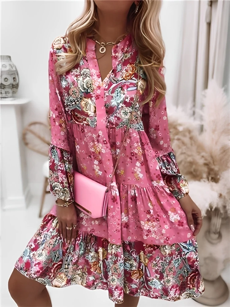 Women Floral Print Dress 2023 Summer Solid Casual V Neck Ruffles Boho Casual Dr image 1