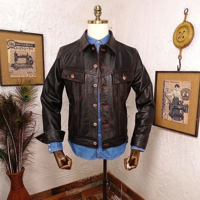 Free shipping.Popular vintage casual style genuine leather jacket.Cheap men sli image 1