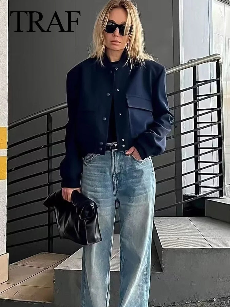 TRAF Vintage Solid Long Sleeve Bomber Jacket Spring Women Casual Coats Streetwe image 7