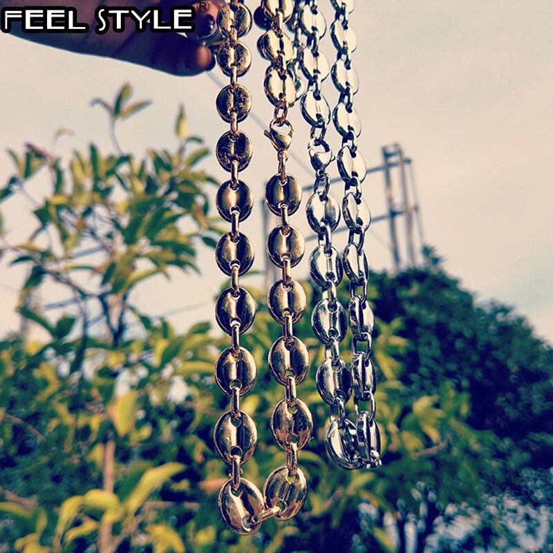 Width 11MM Stainless Steel Gold Plated Coffee Beans Link Chain Necklace Bracele image 8