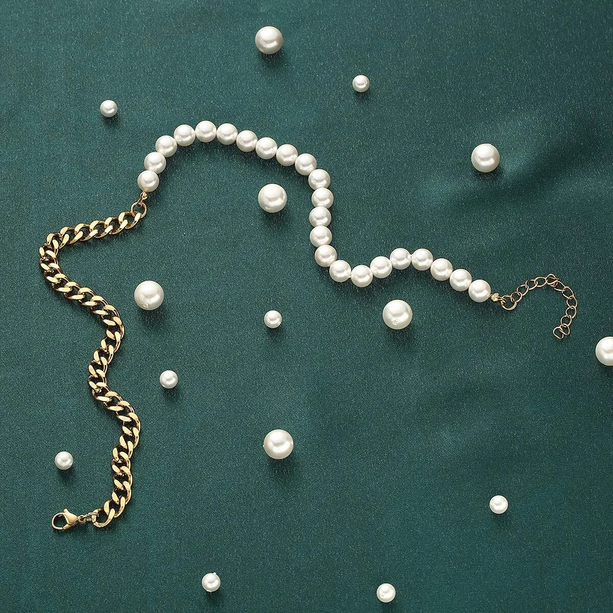 Half Pearl Half Chain Necklace Men Women Silver Gold Color Cuban Link Stainless image 6