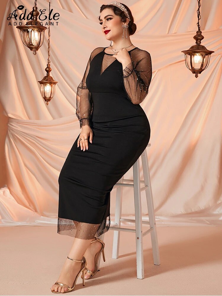 Add Elegant Plus Size Women's Dresses Petal Sleeve Neckline Paneled Sheer Mesh image 2