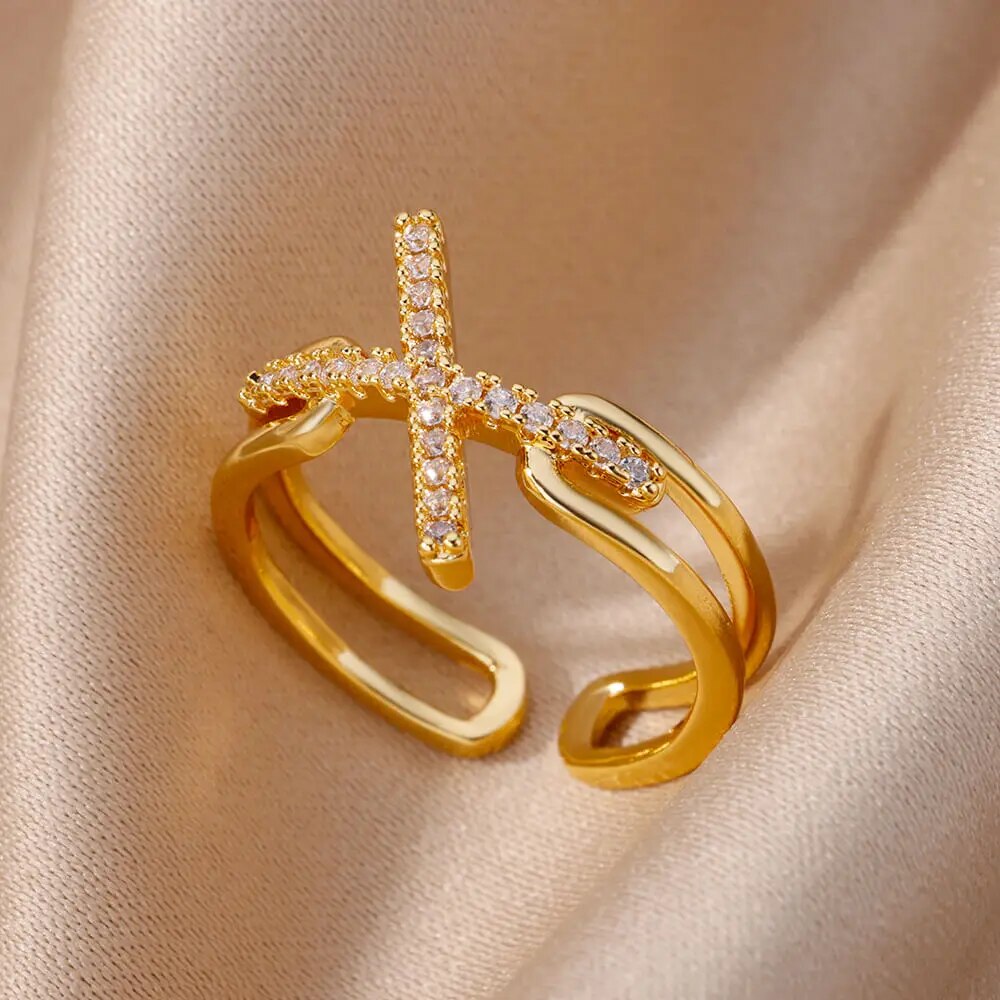 Fashion Gold Color Stainless Steel Rings For Women Chain Hollow Out Crystal Zir image 18