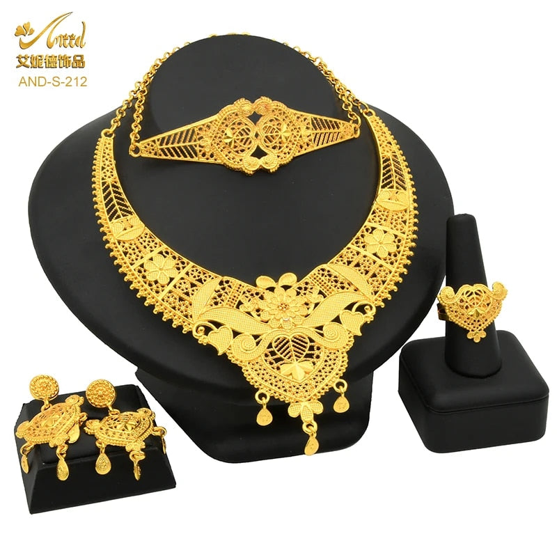 Indian Gold Plated Jewelry Set For Women African Bridal 24K Gold Color Necklace image 11