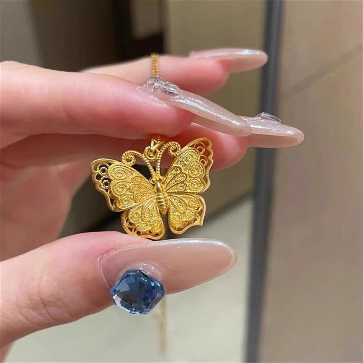 Shiny Pure 14 K Gold Color Butterfly Pendant Necklace for Women's Necklace Cha image 3