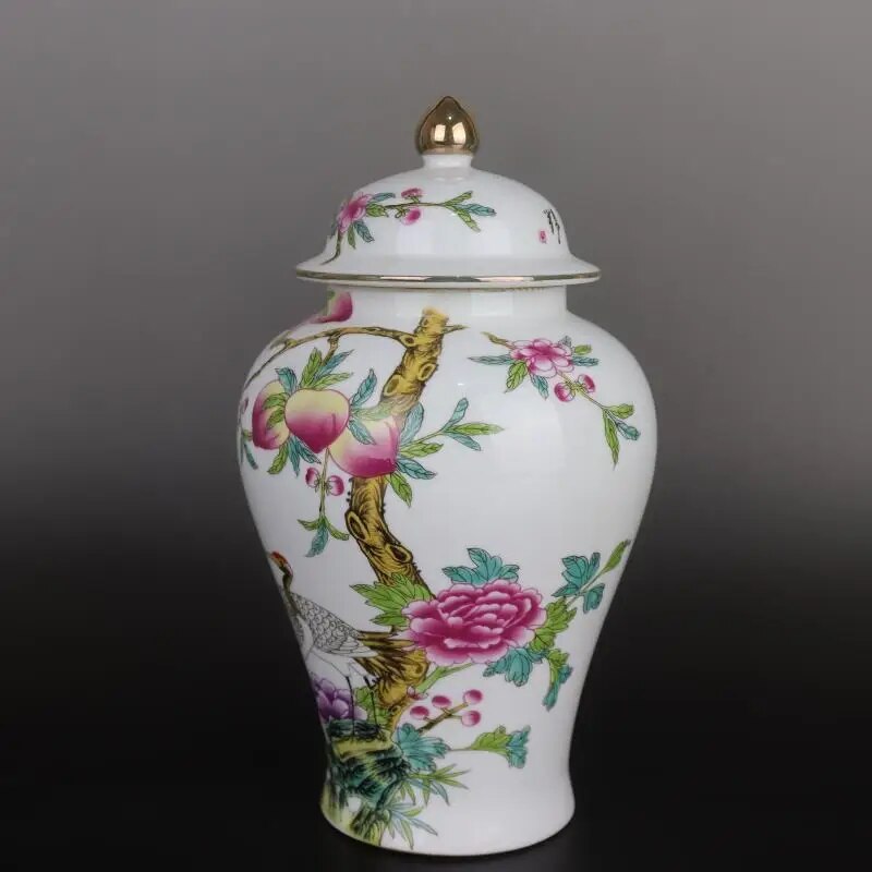 White Chinese Lidded Vase Crane Longevity Peach Chinese Vase With Peaches Gold image 2