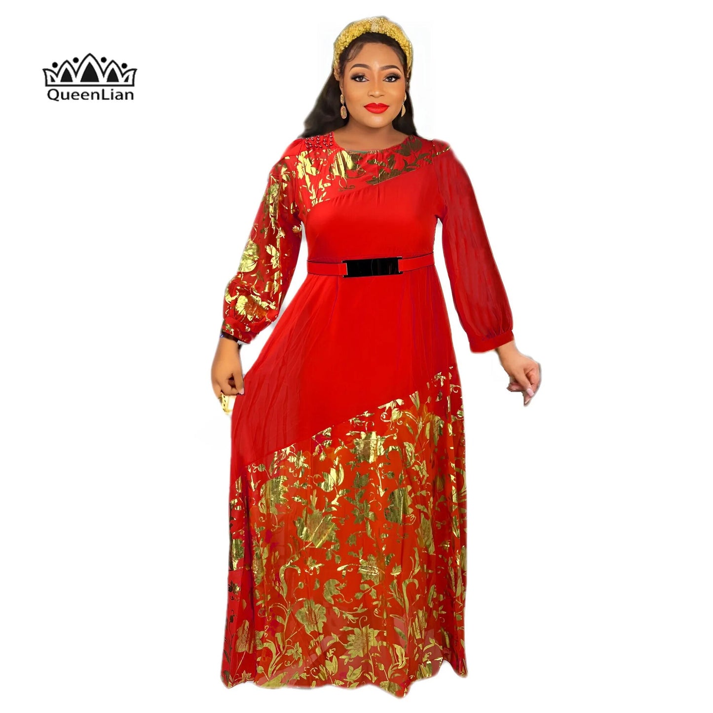 Gorgeous golden printed African dress with belt, perfect for dinner attire image 5