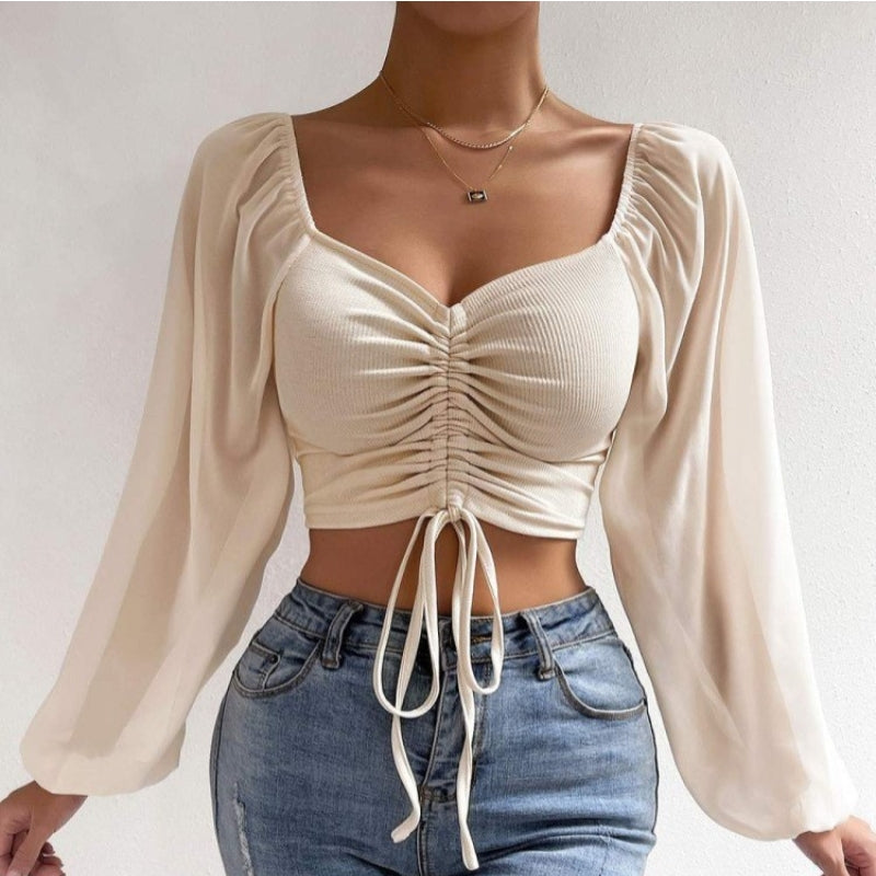 ALLUKASA Sexy Mesh Lantern Sleeves Drawstring Wrap Chest Bare Midriff T Shirt W image 1