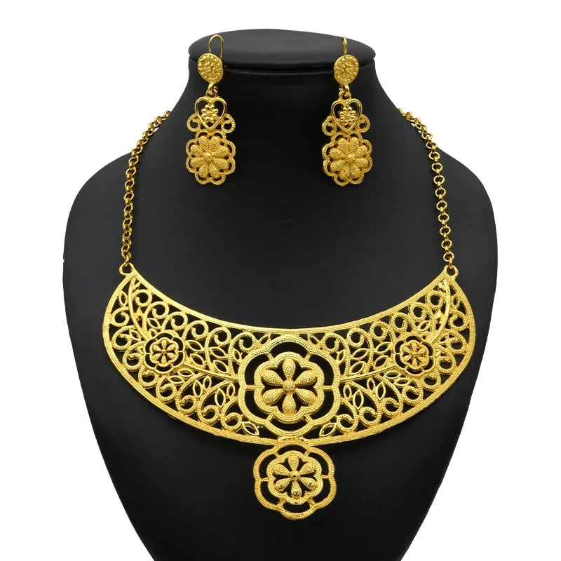 Indian Gold Plated Jewelry Set For Women African Bridal 24K Gold Color Necklace image 15
