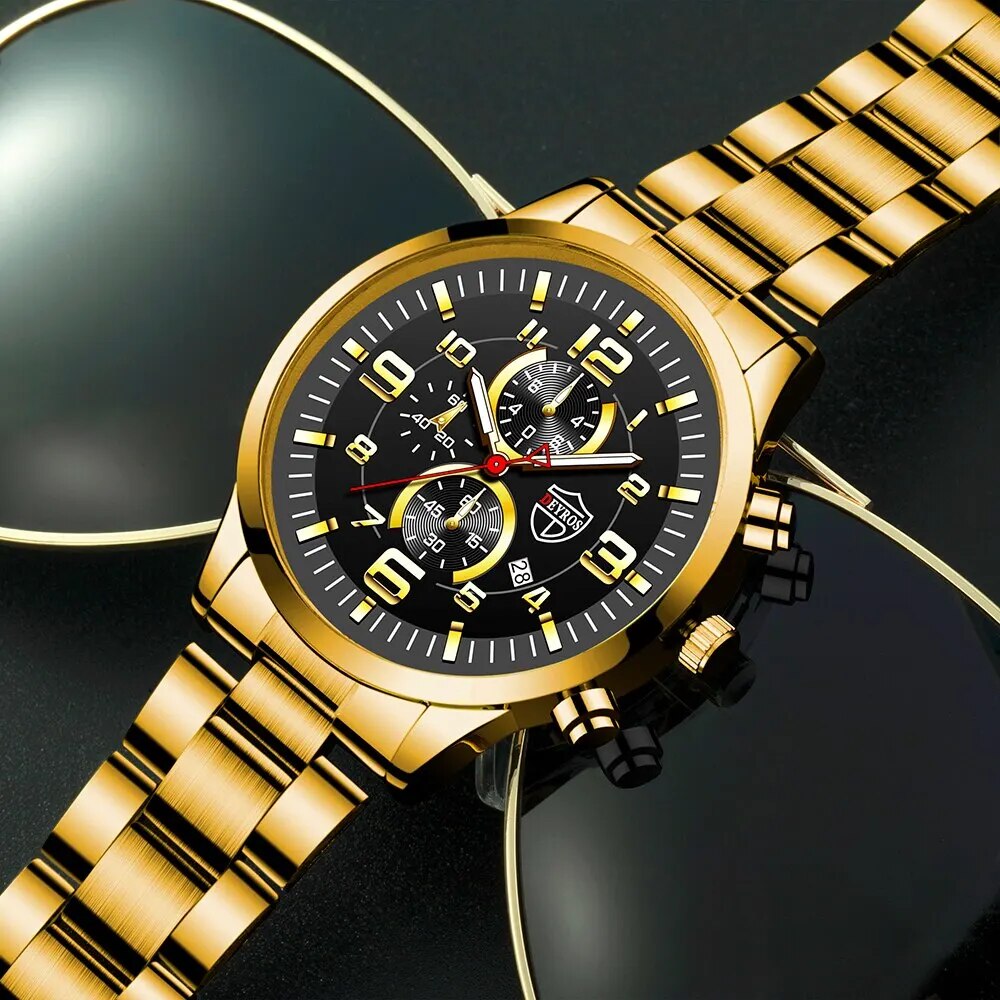 3PCS Fashion Mens Gold Necklace Bracelet Watches Set Men Business Casual Stainl image 4