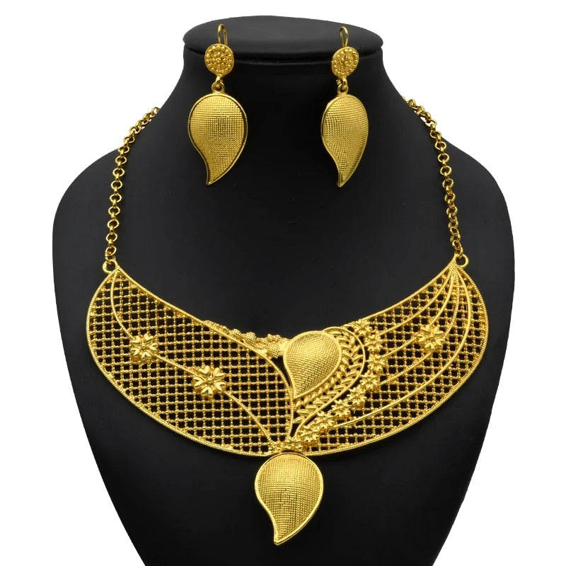 Indian Gold Plated Jewelry Set For Women African Bridal 24K Gold Color Necklace image 8