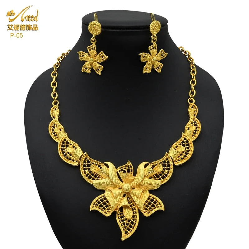 Indian Gold Plated Jewelry Set For Women African Bridal 24K Gold Color Necklace image 36