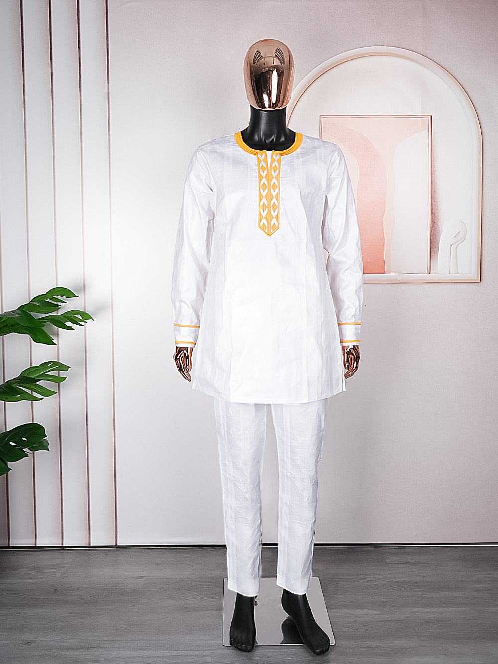 H&D New African Clothes for Men Traditional Rich Bazin Original Embroidery Wh image 4