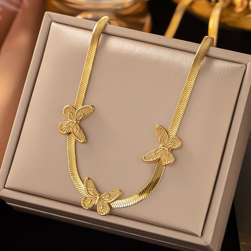 Trendy 316L Stainless Steel Gold Color Butterfly Pearl Pendant Necklace For image 4