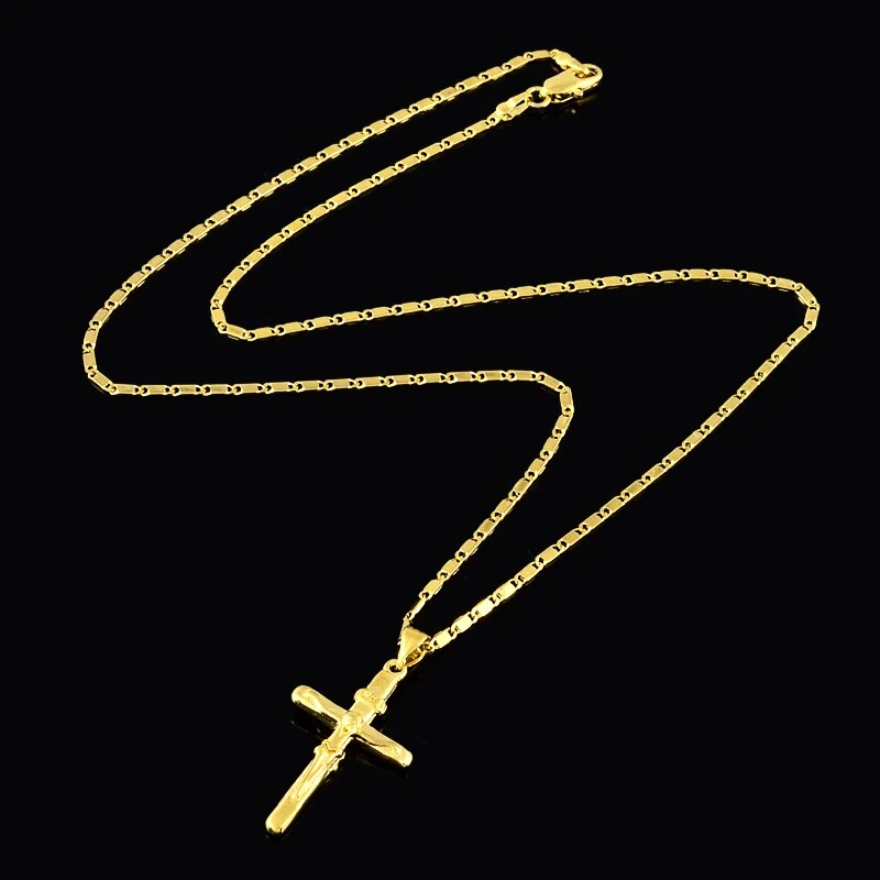 New 24K Gold Necklace Cross Pendant Gold Plated Necklace Men's & Women's Jewelr image 3