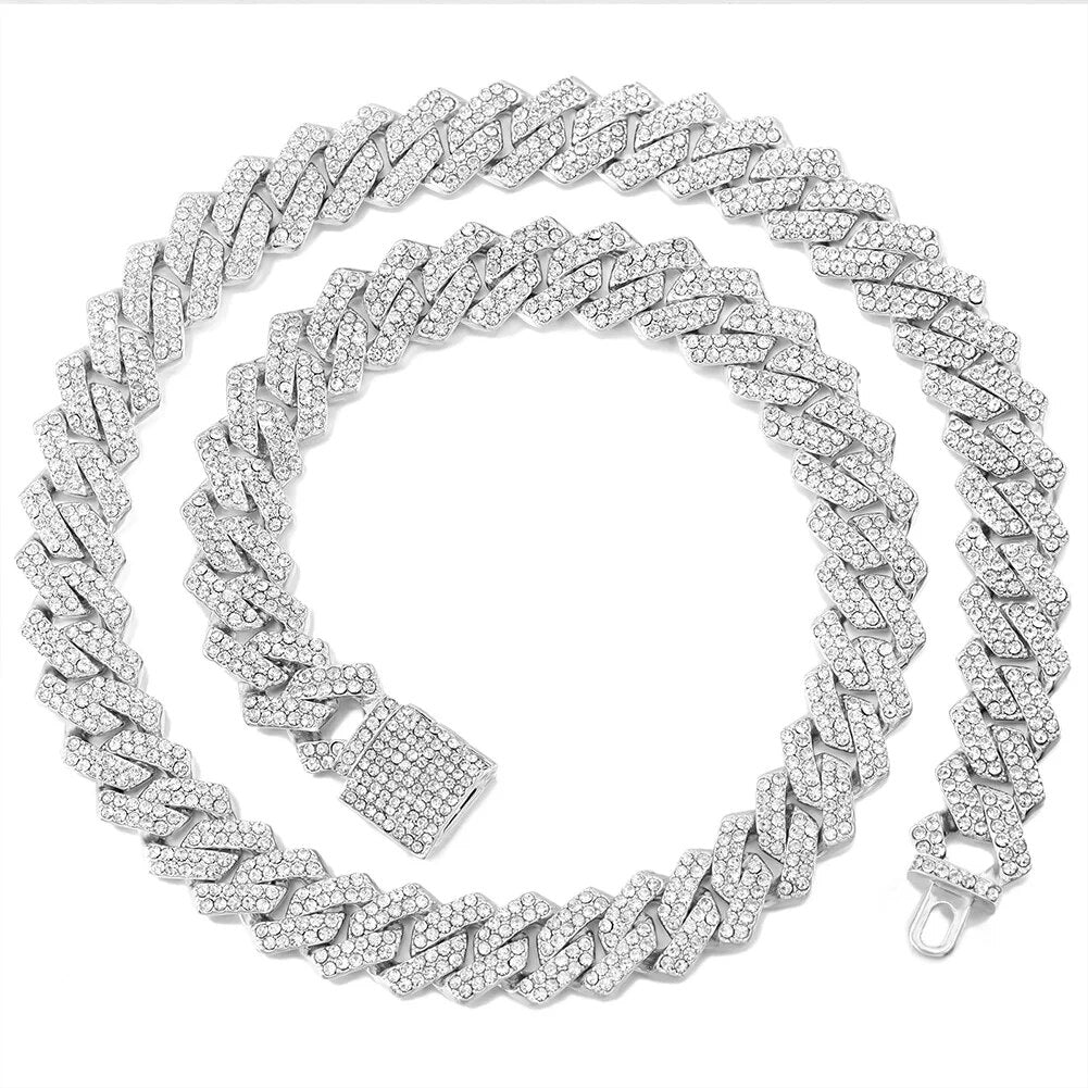 Hip Hop Men Iced Out Chain Prong Rhombus Cuban Link Necklace 14/20MM width Gold image 3