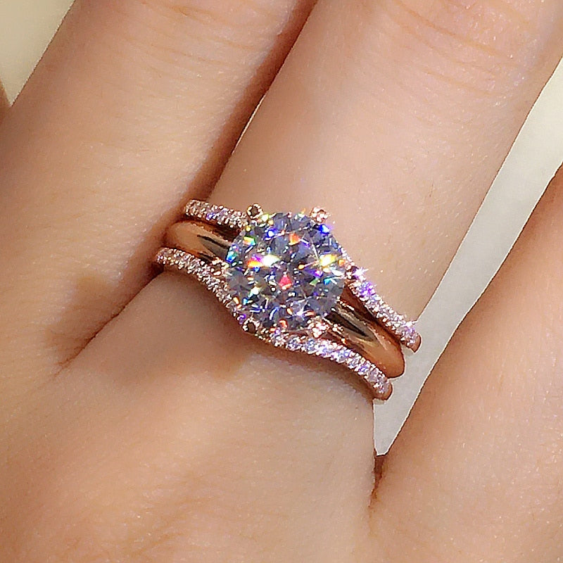 Huitan Unique Rose Gold Color Rings for Women Classic 6 Claws Designed Cubic Zi image 2