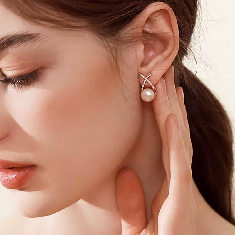 Gold Color Metal Fashion Korean Pearl Earrings For Women Sparkling Zircon Penda image 33