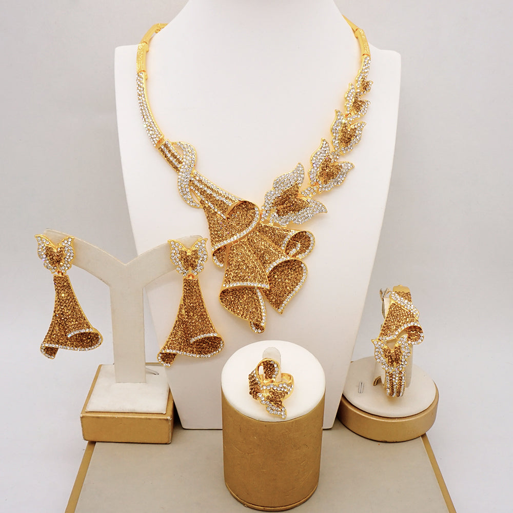 Latest Italian Dubai Gold Color Ladies Full Crystal Necklace Jewelry Set Simple image 11