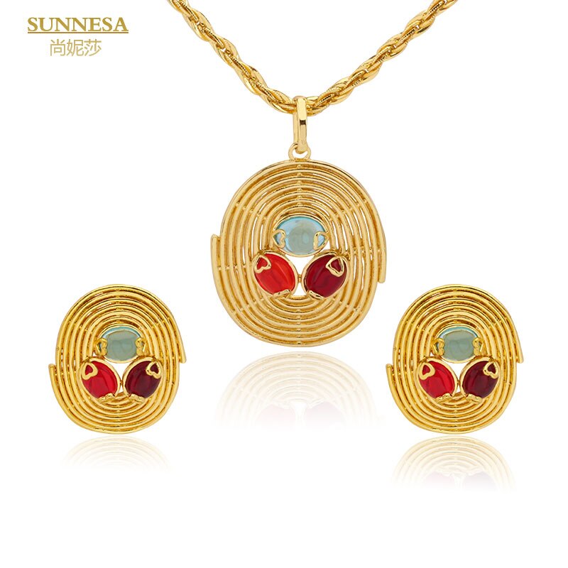 SUNNESA Classic Zircon Duabi Jewelry Sets for Women Copper Plated African Golde image 2