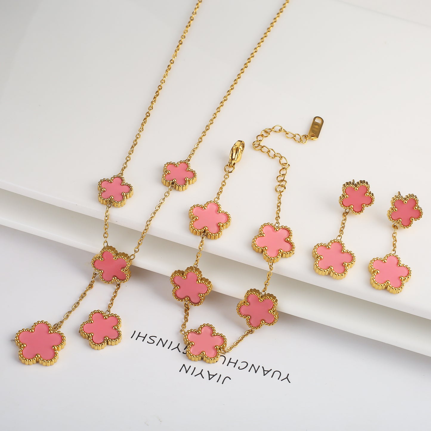 3Pcs 18k Gold-Plated Five-Leaf Flower Necklace Earrings Bracelet Jewelry Set Fo image 18