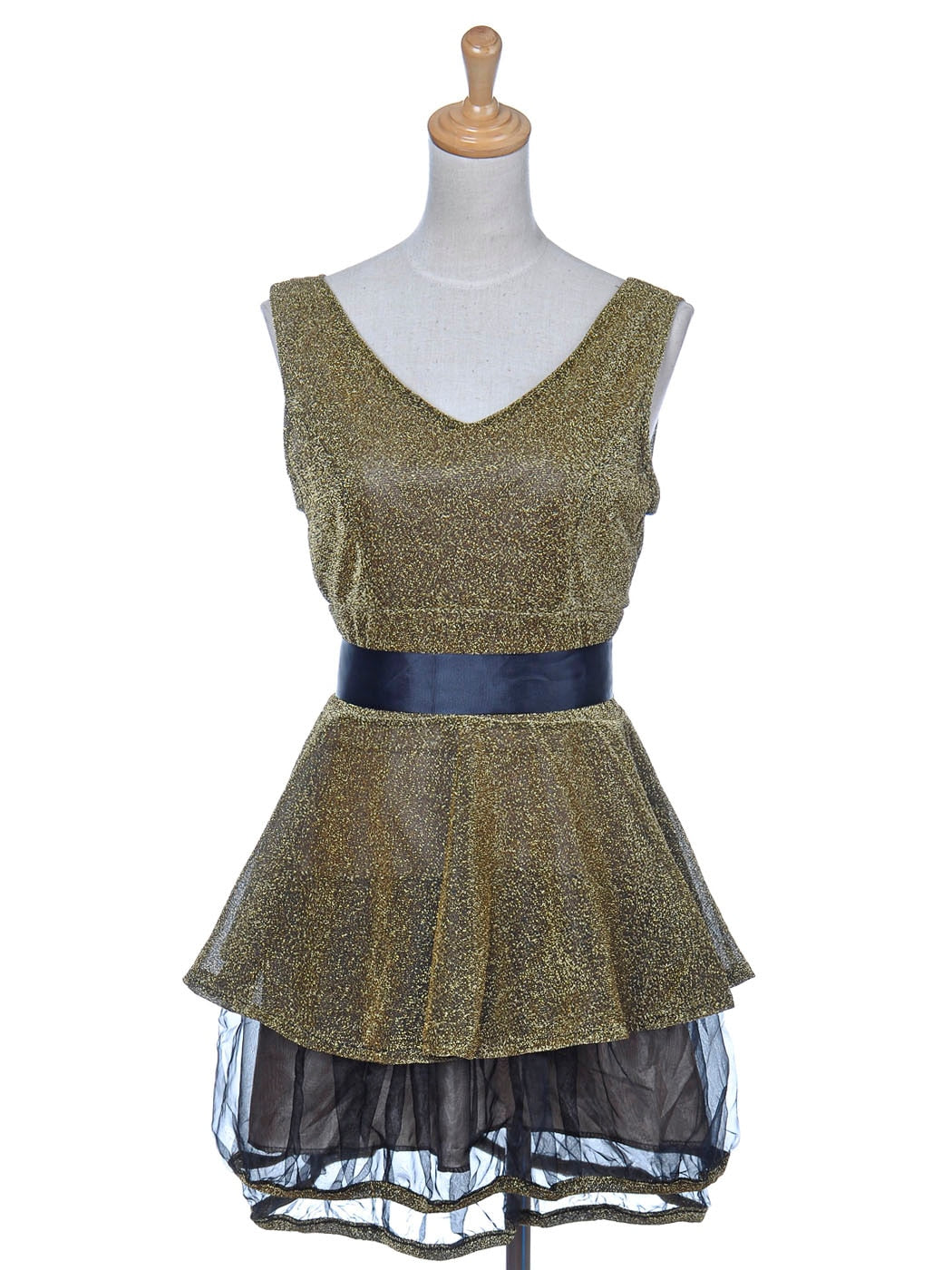Womens Gold Glitter Tulle Flared Waist Tie V Neck Sleeveless Dress Office Lady image 3