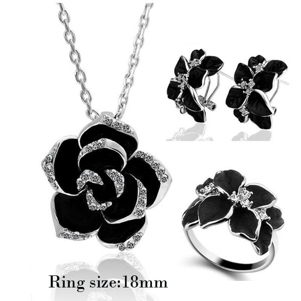 Fashion Rose Flower Enamel Jewelry Set Rose Gold Color Black Bridal Jewelry Set image 4