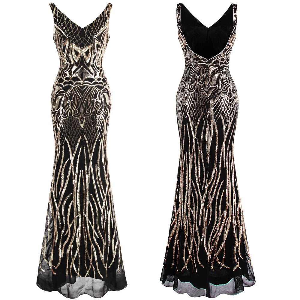Angel-fashions Women's V Neck Evening Dress Gold Sequin Vintage 1920S image 3