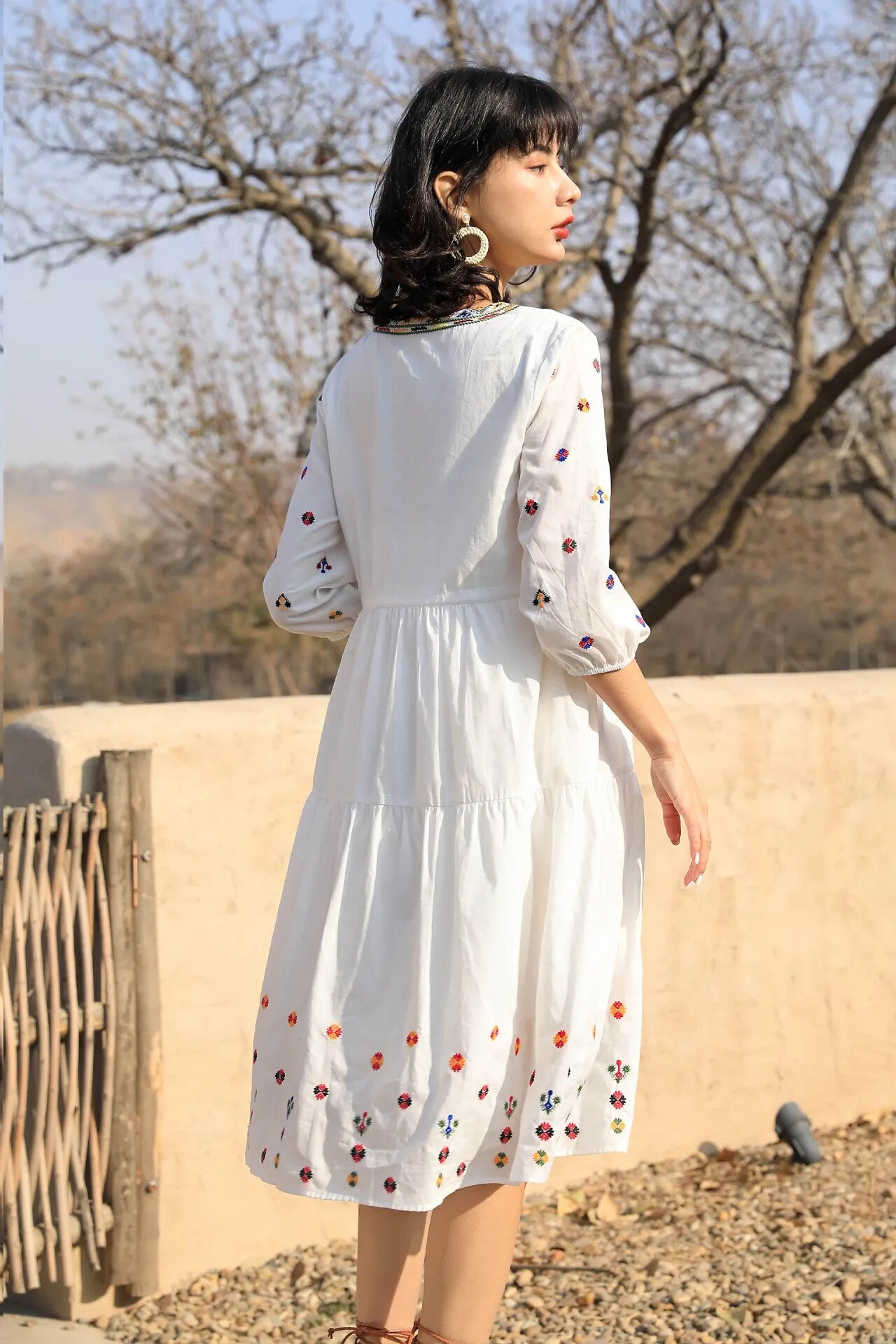 Vintage Cotton Embroidery Floral Casual Loose Lace Up Boho Beach Mini Dress Wom image 4