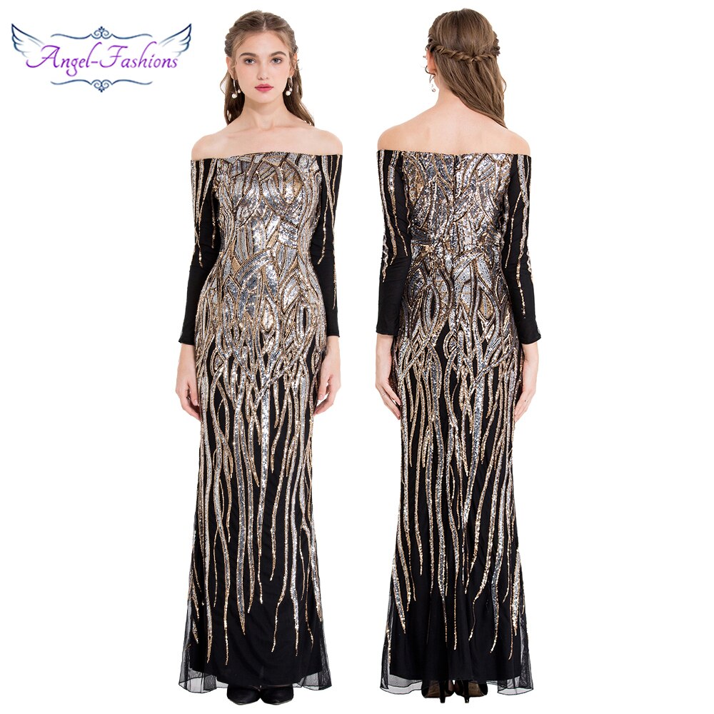 Angel-fashions Vintage Sequin Prom Gown Off Shoulder Long Sleeves Gold Silver B image 0