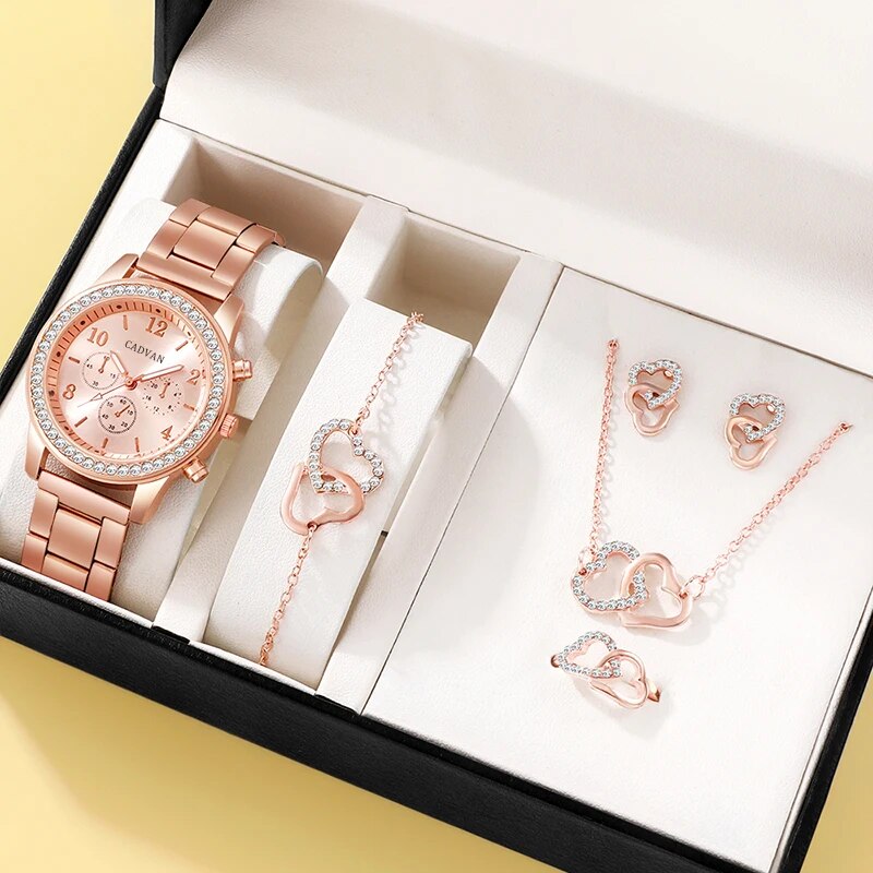 6PCS Set Rose Gold Luxury Watch Women Ring Necklace Earring Rhinestone Fashion image 0
