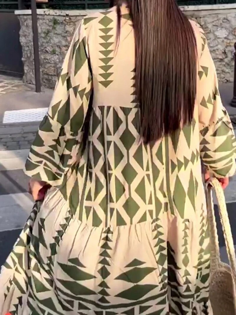 Elegant Summer Maxi Dress Women 2023 Casual Streetwear Vintage Geometric V Nec image 4