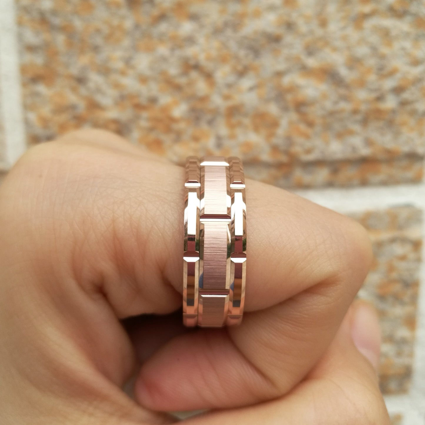 Newshe Men's Tungsten Carbide Ring 8mm Rose Gold Color Brick Pattern image 2